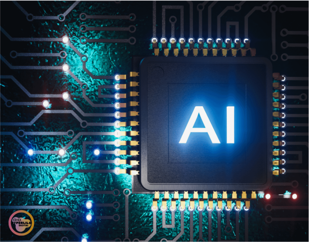 A close-up, illuminated image of a computer chip with "AI" glowing in blue text on its surface, set against a dark circuit board background