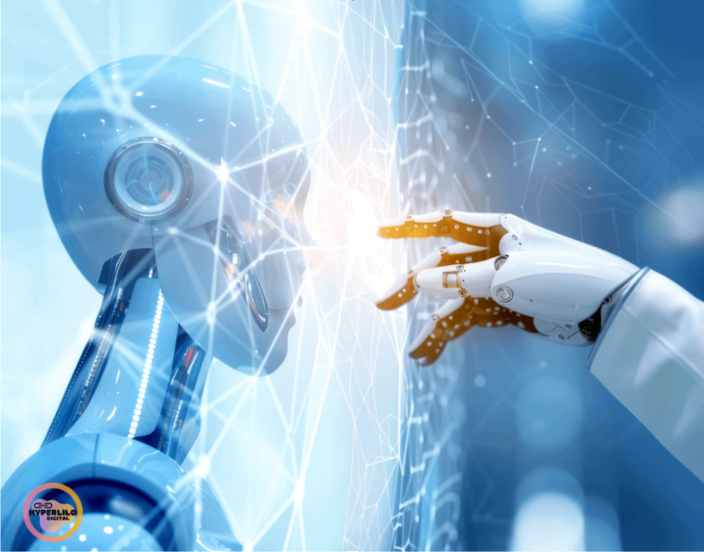 A robotic head with blue eyes faces a human-like robot hand, connected by glowing digital lines on a blue background.