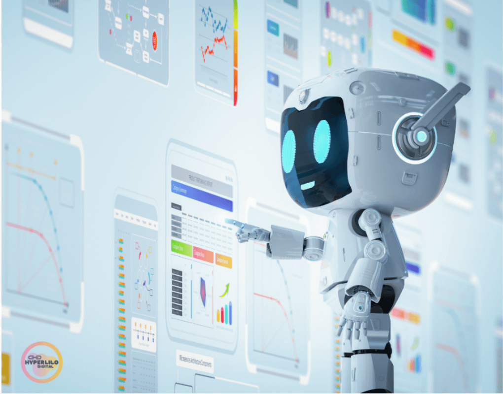 A cartoon robot points to data charts and graphs on floating screens.