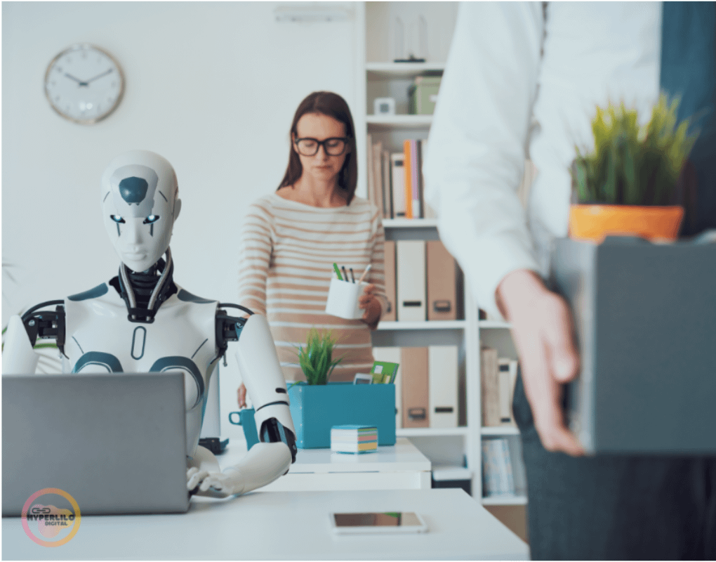 A robot types on a laptop while a woman watches, and a person carries a box with a plant, leaving an office.